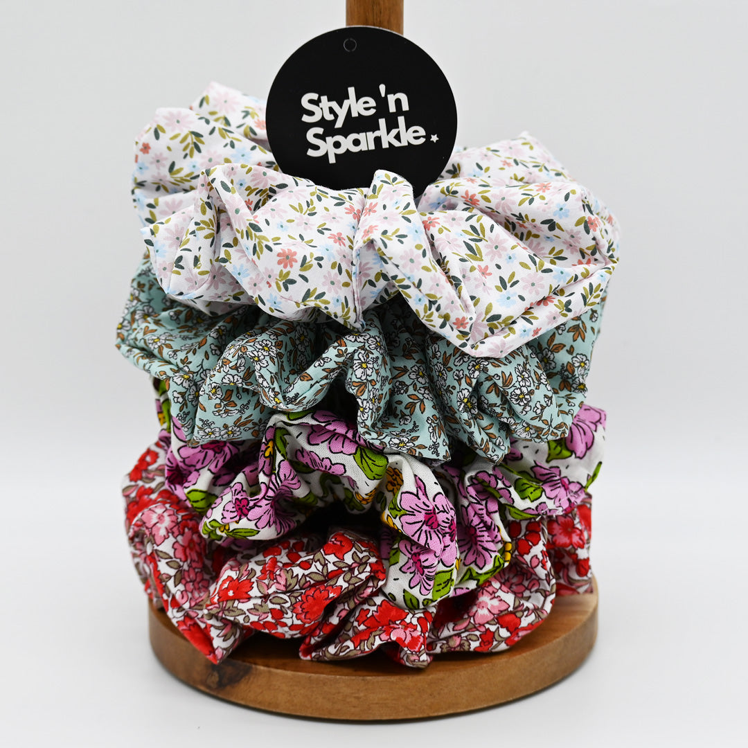 Bright Red Spring Floral Scrunchie