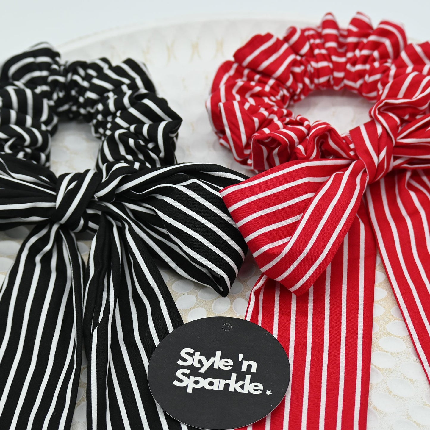 Red and White Long Tail Bow Scrunchie