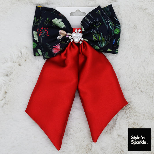 Floral Black Rich Cotton Hair Bow