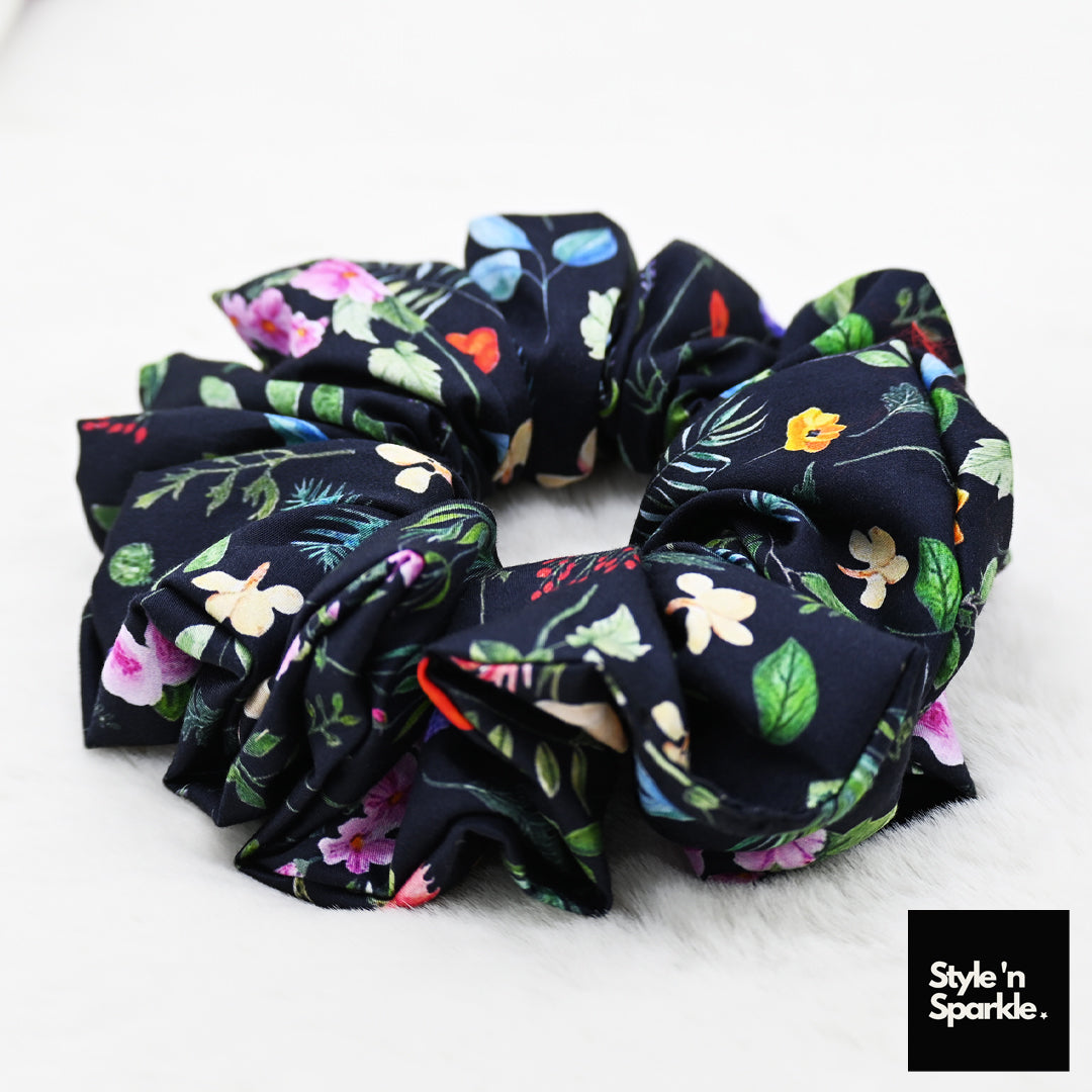 Floral Black Rich Cotton Scrunchie