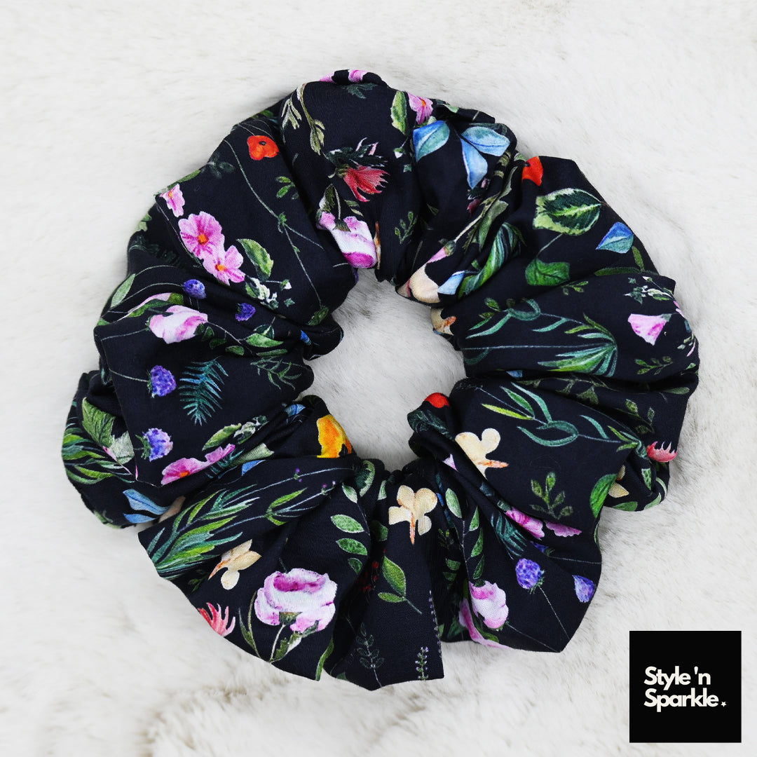 Floral Black Rich Cotton Scrunchie