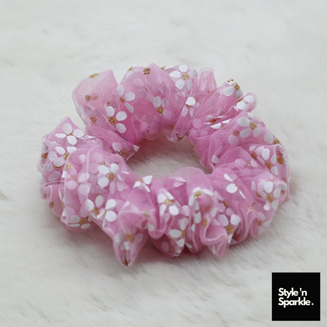 Kids Pink with Flowers Tulle (Tutu) Scrunchie