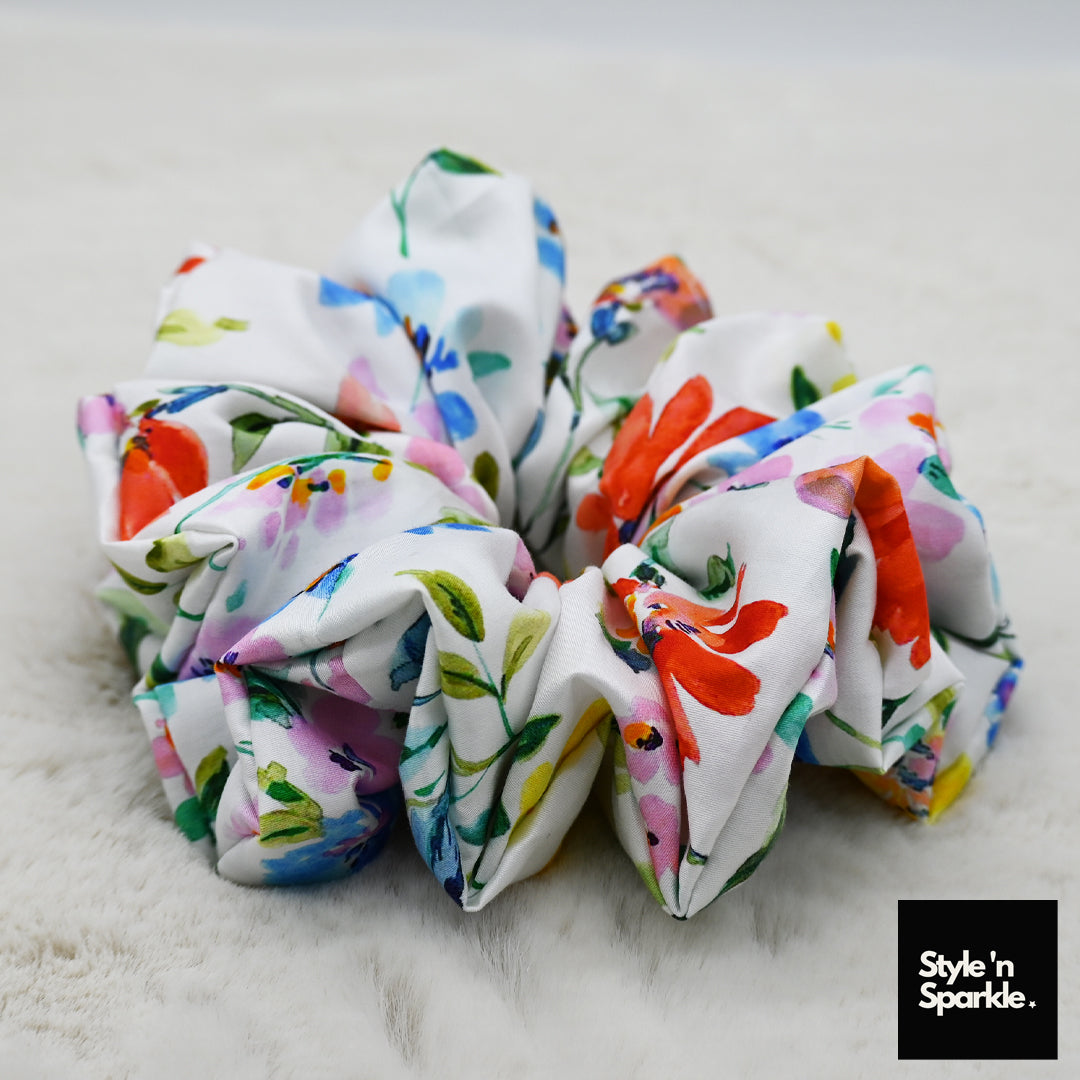 White Floral Rich Cotton Scrunchie