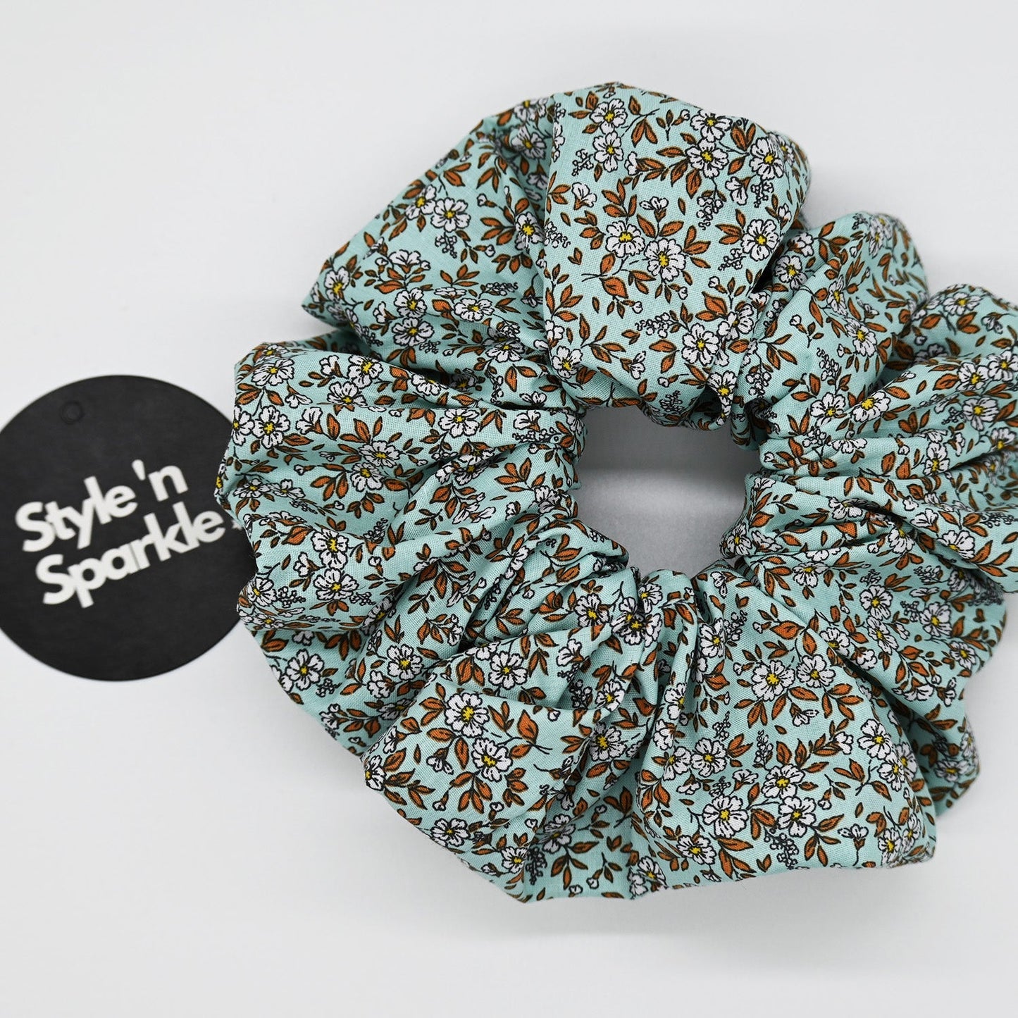 Green with White Spring Floral Scrunchie