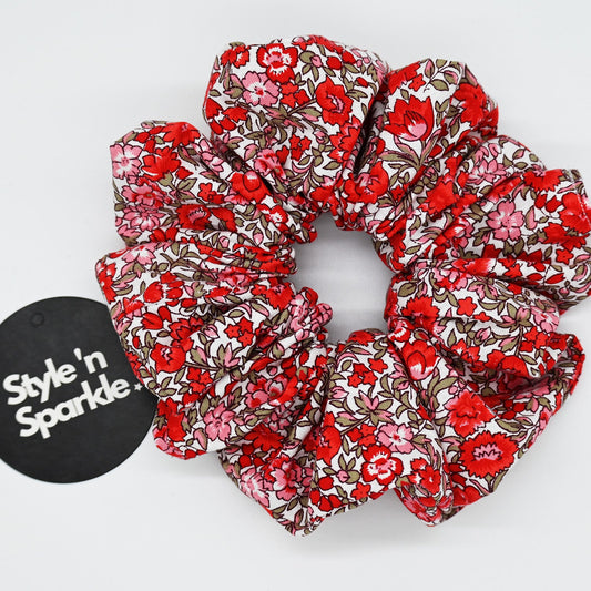 Bright Red Spring Floral Scrunchie