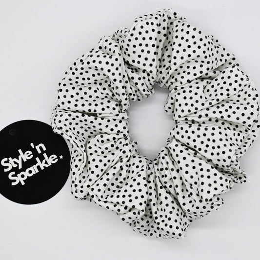 Black on White Cotton Polka Dot Scrunchie